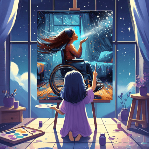 Une enfant peint sur un chevalet le portrait d’une jeune fille en fauteuil roulant soufflant une poignée de paillettes vers une fenêtre étoilée.